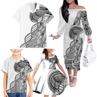 Samoan DNA Art Tattoo Family Matching Off The Shoulder Long Sleeve Dress and Hawaiian Shirt Polynesian Pattern White Color