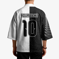 Custom New Zealand Football Kimono Silver Fern and Maori Tribal Black White Half Sporty Style