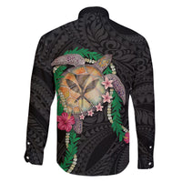 Hawaii Pikake and Maile Lei Family Matching Long Sleeve Bodycon Dress and Hawaiian Shirt Honu Polynesian Pattern Black Color