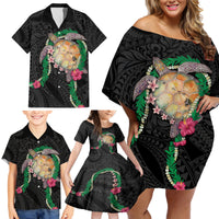 Hawaii Pikake and Maile Lei Family Matching Off Shoulder Short Dress and Hawaiian Shirt Honu Polynesian Pattern Black Color LT03 - Polynesian Pride