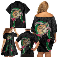 Hawaii Pikake and Maile Lei Family Matching Off Shoulder Short Dress and Hawaiian Shirt Honu Polynesian Pattern Black Color LT03 - Polynesian Pride