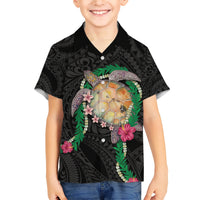 Hawaii Pikake and Maile Lei Family Matching Short Sleeve Bodycon Dress and Hawaiian Shirt Honu Polynesian Pattern Black Color LT03 Son's Shirt Black - Polynesian Pride