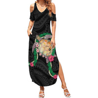 Hawaii Pikake and Maile Lei Family Matching Summer Maxi Dress and Hawaiian Shirt Honu Polynesian Pattern Black Color LT03 Mom's Dress Black - Polynesian Pride