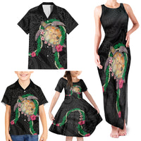 Hawaii Pikake and Maile Lei Family Matching Tank Maxi Dress and Hawaiian Shirt Honu Polynesian Pattern Black Color