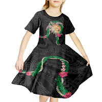 Hawaii Pikake and Maile Lei Kid Short Sleeve Dress Honu Polynesian Pattern Black Color