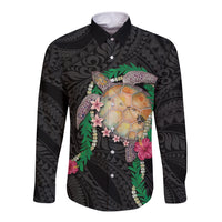 Hawaii Pikake and Maile Lei Long Sleeve Button Shirt Honu Polynesian Pattern Black Color LT03 Unisex Black - Polynesian Pride