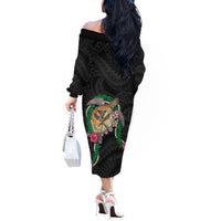 Hawaii Pikake and Maile Lei Off The Shoulder Long Sleeve Dress Honu Polynesian Pattern Black Color LT03 - Polynesian Pride