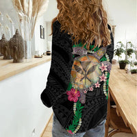 Hawaii Pikake and Maile Lei Women Casual Shirt Honu Polynesian Pattern Black Color