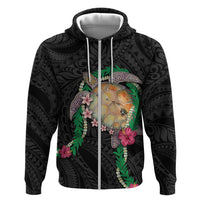 Hawaii Pikake and Maile Lei Zip Hoodie Honu Polynesian Pattern Black Color
