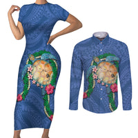 Hawaii Pikake and Maile Lei Couples Matching Short Sleeve Bodycon Dress and Long Sleeve Button Shirt Honu Polynesian Pattern Blue Color LT03 Blue - Polynesian Pride