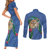 Hawaii Pikake and Maile Lei Couples Matching Short Sleeve Bodycon Dress and Long Sleeve Button Shirt Honu Polynesian Pattern Blue Color LT03 - Polynesian Pride