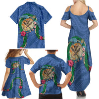 Hawaii Pikake and Maile Lei Family Matching Summer Maxi Dress and Hawaiian Shirt Honu Polynesian Pattern Blue Color LT03 - Polynesian Pride