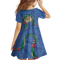 Hawaii Pikake and Maile Lei Kid Short Sleeve Dress Honu Polynesian Pattern Blue Color