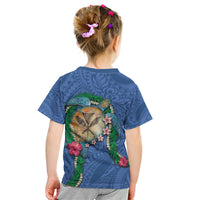 Hawaii Pikake and Maile Lei Kid T Shirt Honu Polynesian Pattern Blue Color