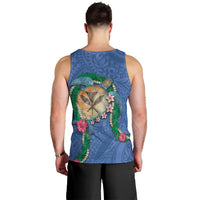 Hawaii Pikake and Maile Lei Men Tank Top Honu Polynesian Pattern Blue Color