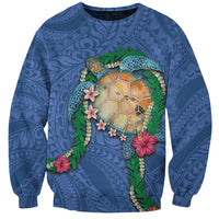 Hawaii Pikake and Maile Lei Sweatshirt Honu Polynesian Pattern Blue Color LT03 Unisex Blue - Polynesian Pride