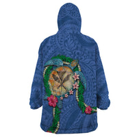 Hawaii Pikake and Maile Lei Wearable Blanket Hoodie Honu Polynesian Pattern Blue Color