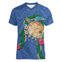 Hawaii Pikake and Maile Lei Women V-Neck T-Shirt Honu Polynesian Pattern Blue Color