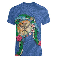 Hawaii Pikake and Maile Lei Women V-Neck T-Shirt Honu Polynesian Pattern Blue Color