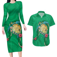 Hawaii Pikake and Maile Lei Couples Matching Long Sleeve Bodycon Dress and Hawaiian Shirt Honu Polynesian Pattern Green Color LT03 Green - Polynesian Pride