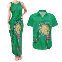 Hawaii Pikake and Maile Lei Couples Matching Tank Maxi Dress and Hawaiian Shirt Honu Polynesian Pattern Green Color LT03 Green - Polynesian Pride