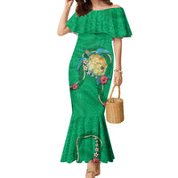 Hawaii Pikake and Maile Lei Family Matching Mermaid Dress and Hawaiian Shirt Honu Polynesian Pattern Green Color