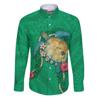 Hawaii Pikake and Maile Lei Family Matching Short Sleeve Bodycon Dress and Hawaiian Shirt Honu Polynesian Pattern Green Color LT03 Dad's Shirt - Long Sleeve Green - Polynesian Pride