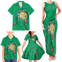 Hawaii Pikake and Maile Lei Family Matching Tank Maxi Dress and Hawaiian Shirt Honu Polynesian Pattern Green Color