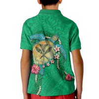 Hawaii Pikake and Maile Lei Kid Polo Shirt Honu Polynesian Pattern Green Color