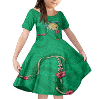 Hawaii Pikake and Maile Lei Kid Short Sleeve Dress Honu Polynesian Pattern Green Color