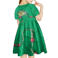 Hawaii Pikake and Maile Lei Kid Short Sleeve Dress Honu Polynesian Pattern Green Color