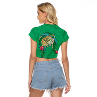 Hawaii Pikake and Maile Lei Raglan Cropped T Shirt Honu Polynesian Pattern Green Color