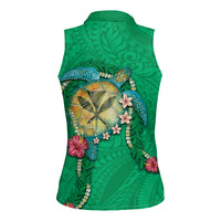 Hawaii Pikake and Maile Lei Women Sleeveless Polo Shirt Honu Polynesian Pattern Green Color