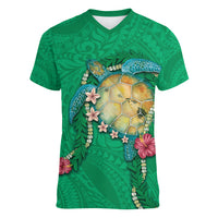 Hawaii Pikake and Maile Lei Women V-Neck T-Shirt Honu Polynesian Pattern Green Color