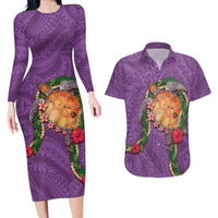 Hawaii Pikake and Maile Lei Couples Matching Long Sleeve Bodycon Dress and Hawaiian Shirt Honu Polynesian Pattern Pink Color LT03 Pink - Polynesian Pride