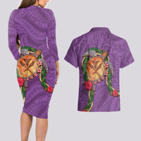 Hawaii Pikake and Maile Lei Couples Matching Long Sleeve Bodycon Dress and Hawaiian Shirt Honu Polynesian Pattern Pink Color LT03 - Polynesian Pride