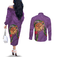 Hawaii Pikake and Maile Lei Couples Matching Off The Shoulder Long Sleeve Dress and Long Sleeve Button Shirt Honu Polynesian Pattern Pink Color LT03 - Polynesian Pride