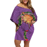 Hawaii Pikake and Maile Lei Off Shoulder Short Dress Honu Polynesian Pattern Pink Color