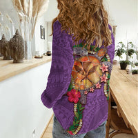 Hawaii Pikake and Maile Lei Women Casual Shirt Honu Polynesian Pattern Pink Color