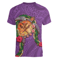 Hawaii Pikake and Maile Lei Women V-Neck T-Shirt Honu Polynesian Pattern Pink Color