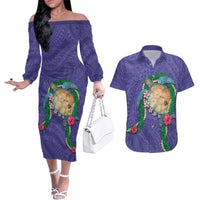 Hawaii Pikake and Maile Lei Couples Matching Off The Shoulder Long Sleeve Dress and Hawaiian Shirt Honu Polynesian Pattern Purple Color