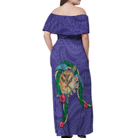 Hawaii Pikake and Maile Lei Off Shoulder Maxi Dress Honu Polynesian Pattern Purple Color
