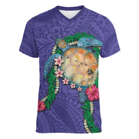 Hawaii Pikake and Maile Lei Women V-Neck T-Shirt Honu Polynesian Pattern Purple Color
