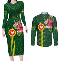 Manu'a Cession Day 120th Anniversary Couples Matching Long Sleeve Bodycon Dress and Long Sleeve Button Shirt Polynesian Pattern and Hibiscus Flower
