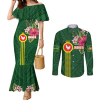 Manu'a Cession Day 120th Anniversary Couples Matching Mermaid Dress and Long Sleeve Button Shirt Polynesian Pattern and Hibiscus Flower