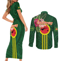 Manu'a Cession Day 120th Anniversary Couples Matching Short Sleeve Bodycon Dress and Long Sleeve Button Shirt Polynesian Pattern and Hibiscus Flower