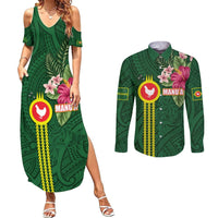 Manu'a Cession Day 120th Anniversary Couples Matching Summer Maxi Dress and Long Sleeve Button Shirt Polynesian Pattern and Hibiscus Flower LT03 Green - Polynesian Pride