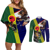 Manu'a Island and American Samoa Couples Matching Off Shoulder Short Dress and Long Sleeve Button Shirt Rooster and Eagle Mascot LT03 Green - Polynesian Pride