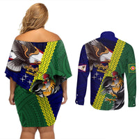 Manu'a Island and American Samoa Couples Matching Off Shoulder Short Dress and Long Sleeve Button Shirt Rooster and Eagle Mascot LT03 - Polynesian Pride