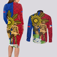 Philippines Lapu Lapu King Jasmine Flowers Couples Matching Long Sleeve Bodycon Dress and Long Sleeve Button Shirt Filipino Sun Tattoo
